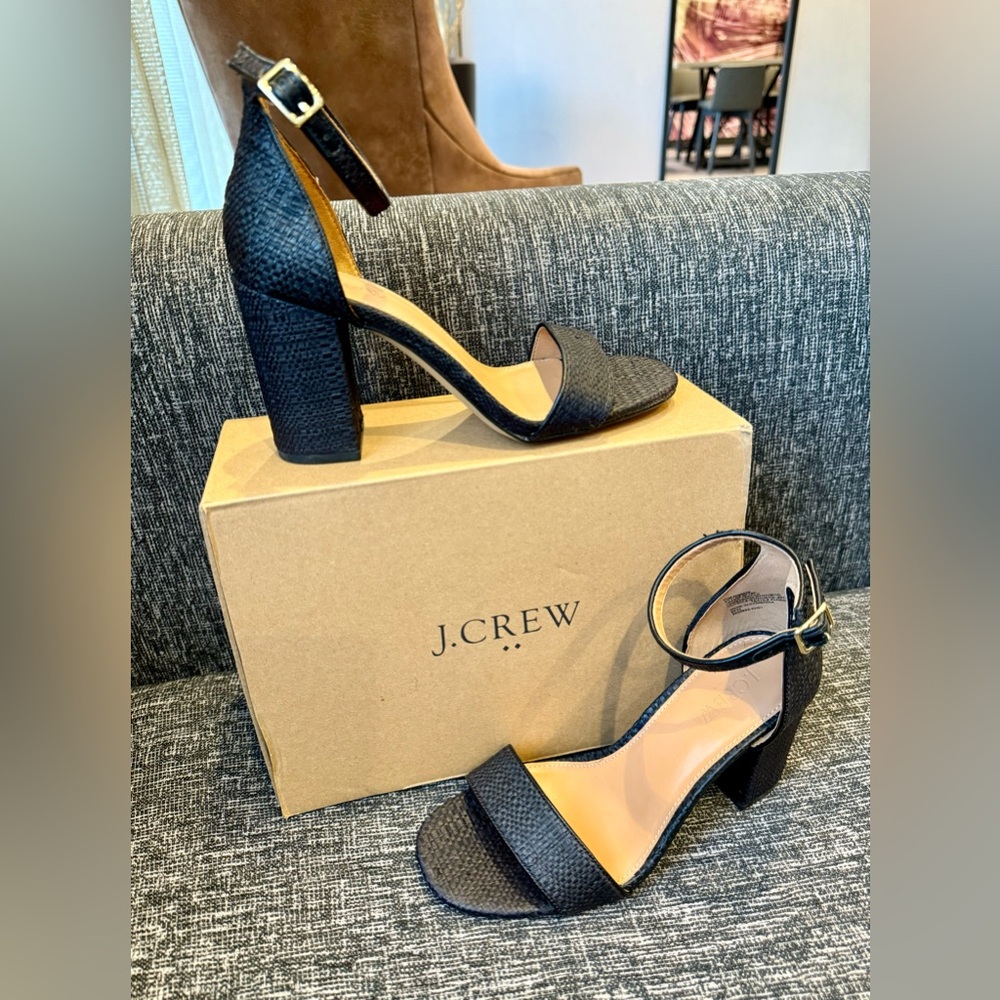 J. Crew 7.5 Black Raffia Block Heels Ankle Strap NWT Shoe BF780 Summer Sandals 🖤